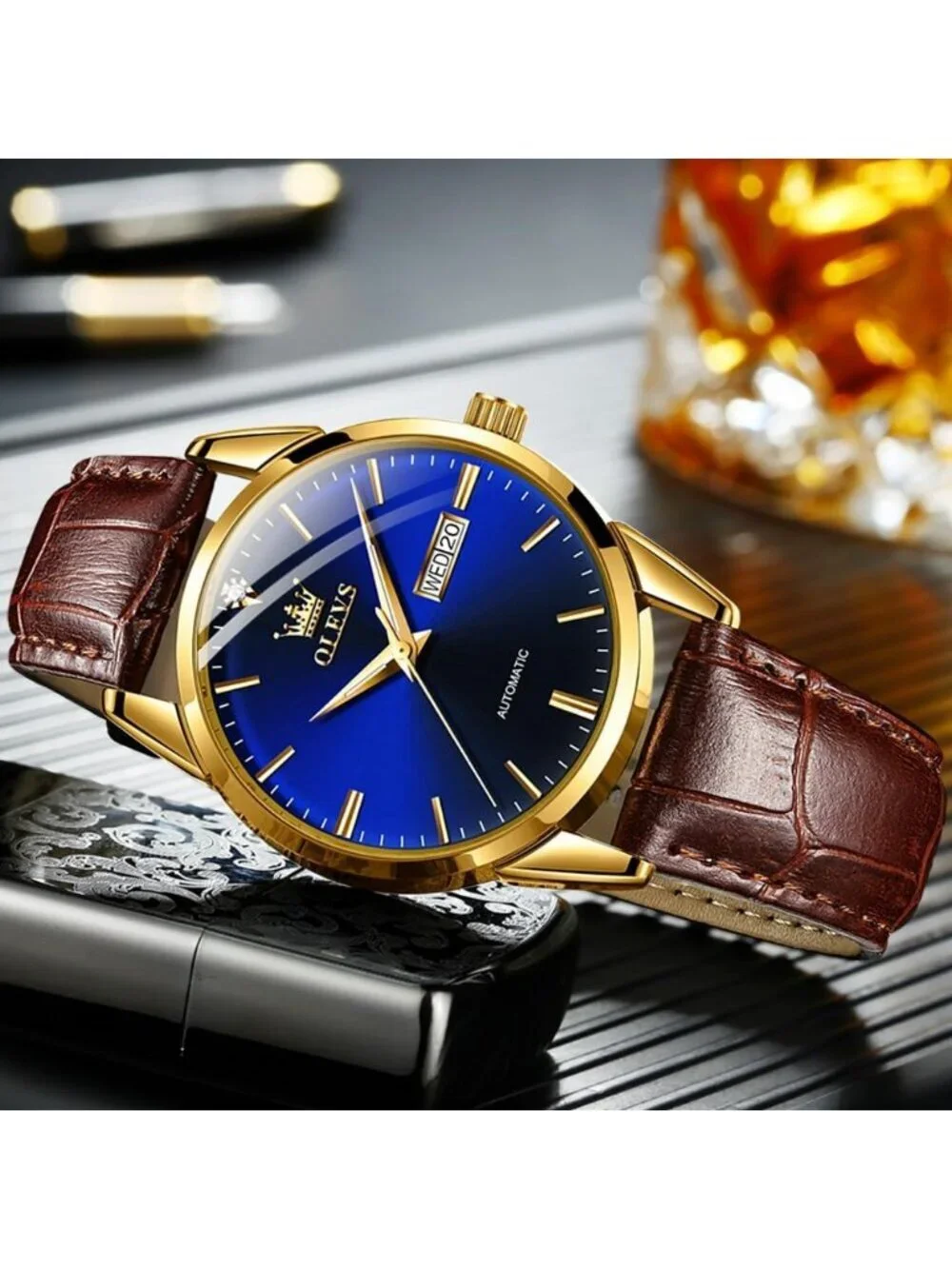 Men's Brown strap/Blue Dial Luxury Leather Band Mechanical Classic Wrist Watch